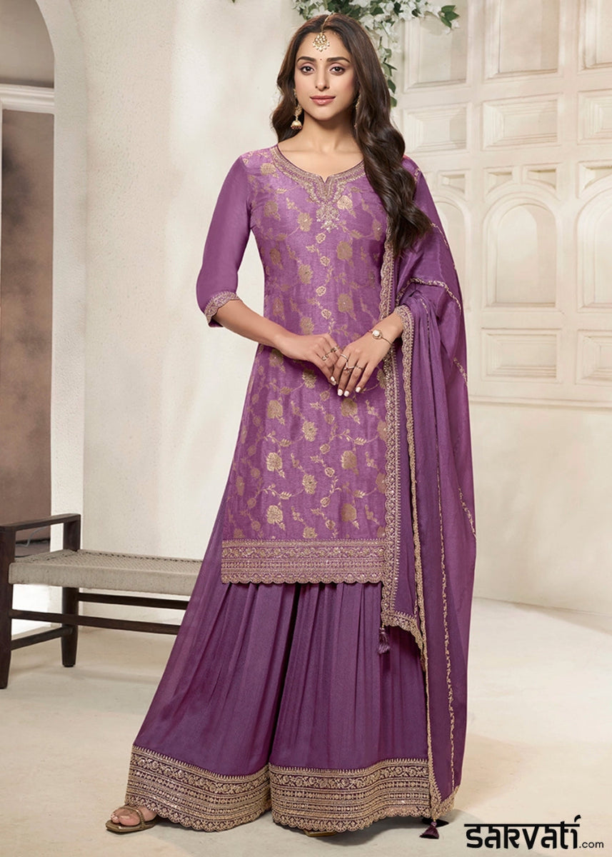 Rouge Pink Dola Silk Sharara Suit with Intricate Jacquard Detailing - House of Sarvati LLC