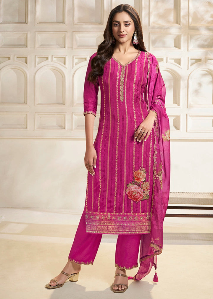 Rouge Pink Dola Silk Sharara Suit with Intricate Jacquard Detailing - House of Sarvati LLC