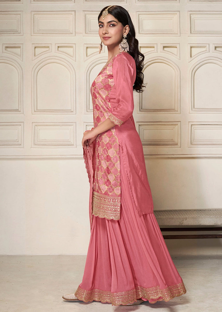 Rouge Pink Dola Silk Sharara Suit with Intricate Jacquard Detailing - House of Sarvati LLC