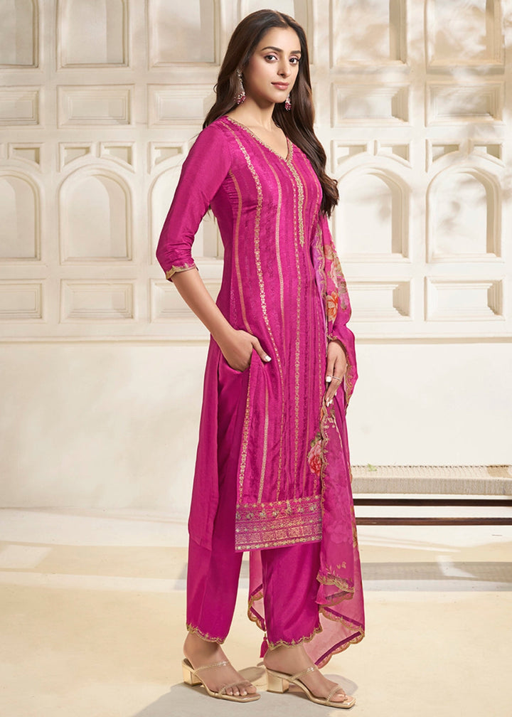 Rouge Pink Dola Silk Sharara Suit with Intricate Jacquard Detailing - House of Sarvati LLC