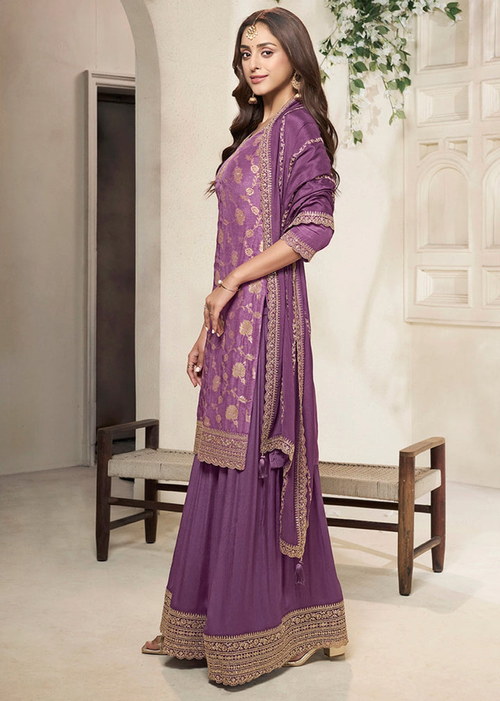 Rouge Pink Dola Silk Sharara Suit with Intricate Jacquard Detailing - House of Sarvati LLC
