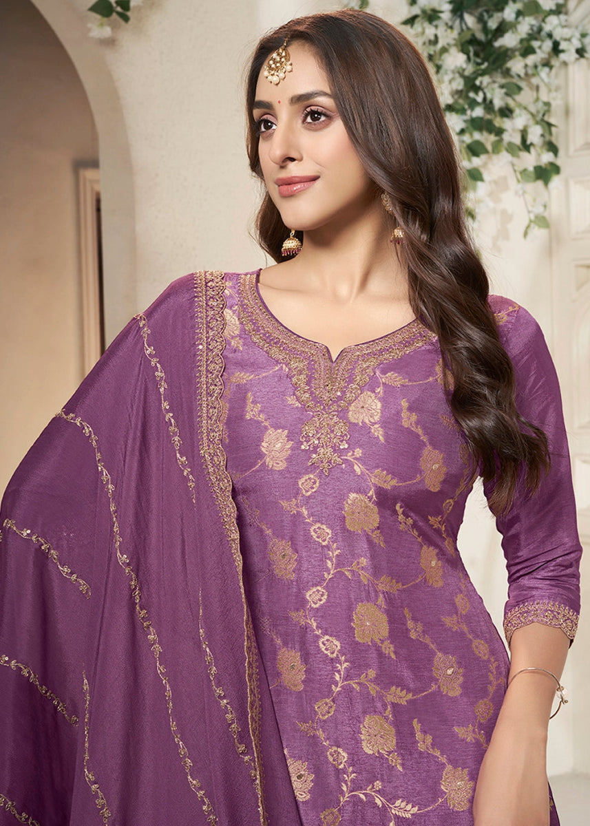 Rouge Pink Dola Silk Sharara Suit with Intricate Jacquard Detailing - House of Sarvati LLC