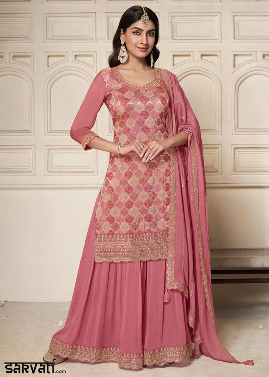 Rouge Pink Dola Silk Sharara Suit with Intricate Jacquard Detailing - House of Sarvati LLC