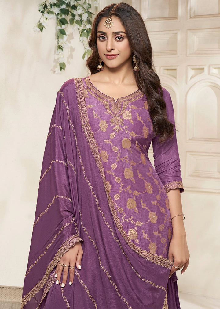 Rouge Pink Dola Silk Sharara Suit with Intricate Jacquard Detailing - House of Sarvati LLC