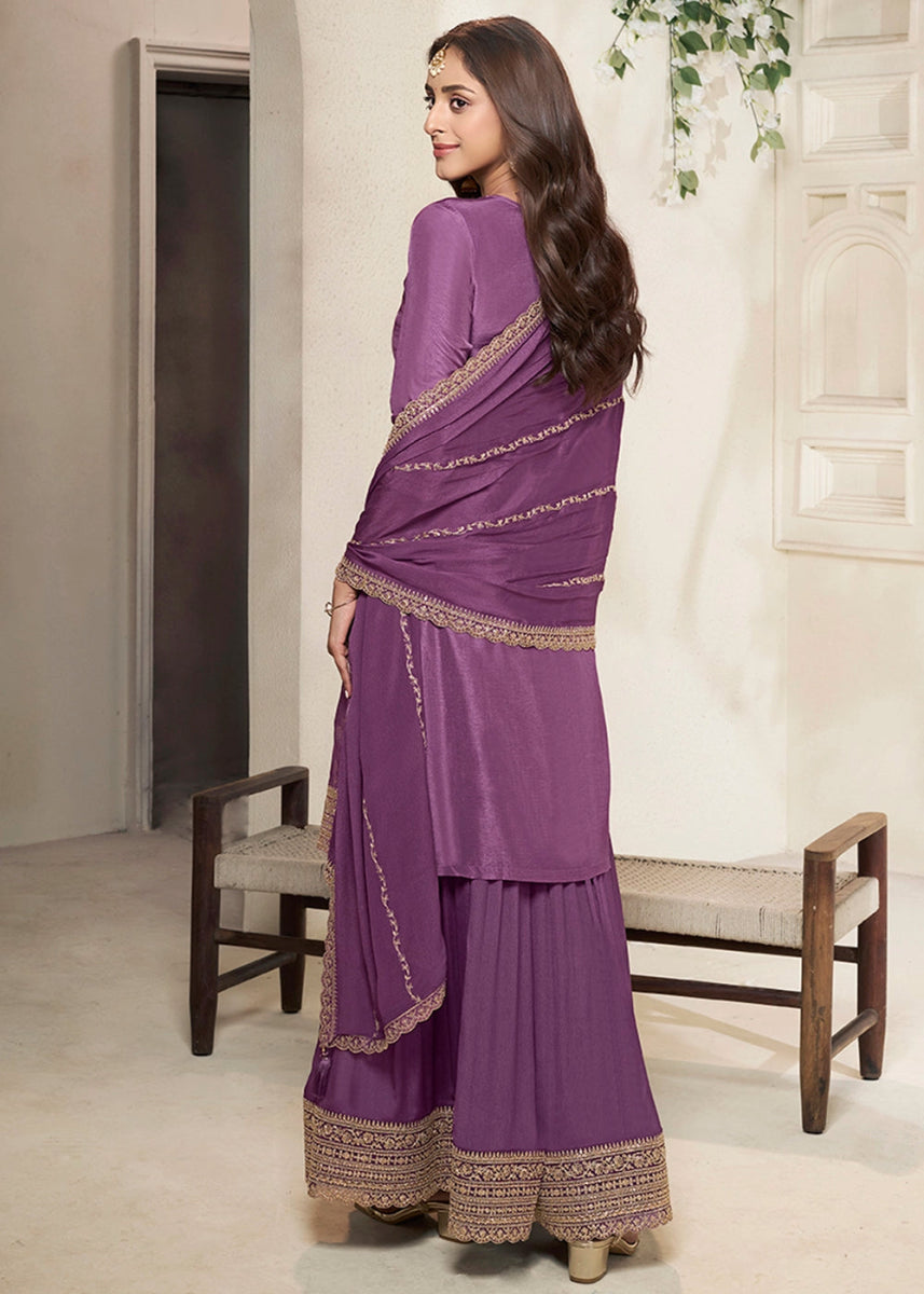Rouge Pink Dola Silk Sharara Suit with Intricate Jacquard Detailing - House of Sarvati LLC