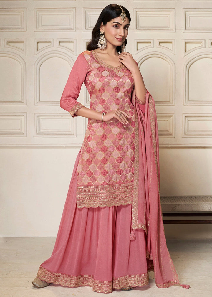 Rouge Pink Dola Silk Sharara Suit with Intricate Jacquard Detailing - House of Sarvati LLC
