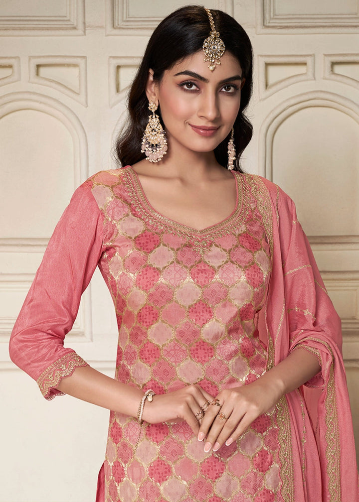 Rouge Pink Dola Silk Sharara Suit with Intricate Jacquard Detailing - House of Sarvati LLC