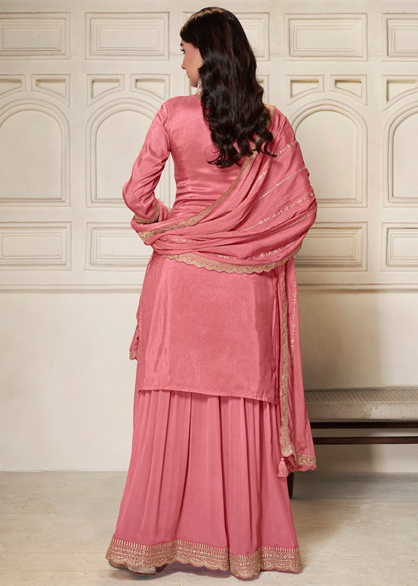 Rouge Pink Dola Silk Sharara Suit with Intricate Jacquard Detailing - House of Sarvati LLC