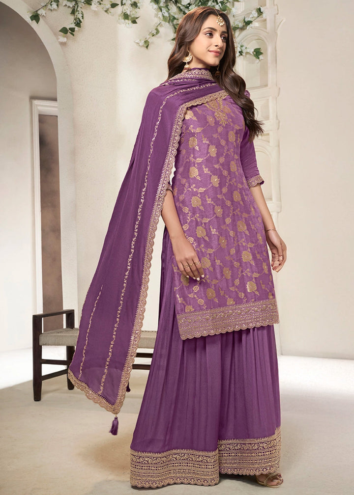 Rouge Pink Dola Silk Sharara Suit with Intricate Jacquard Detailing - House of Sarvati LLC