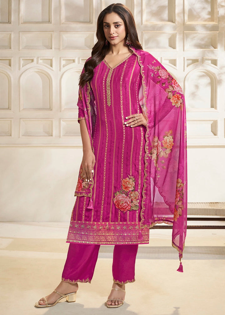 Rouge Pink Dola Silk Sharara Suit with Intricate Jacquard Detailing - House of Sarvati LLC