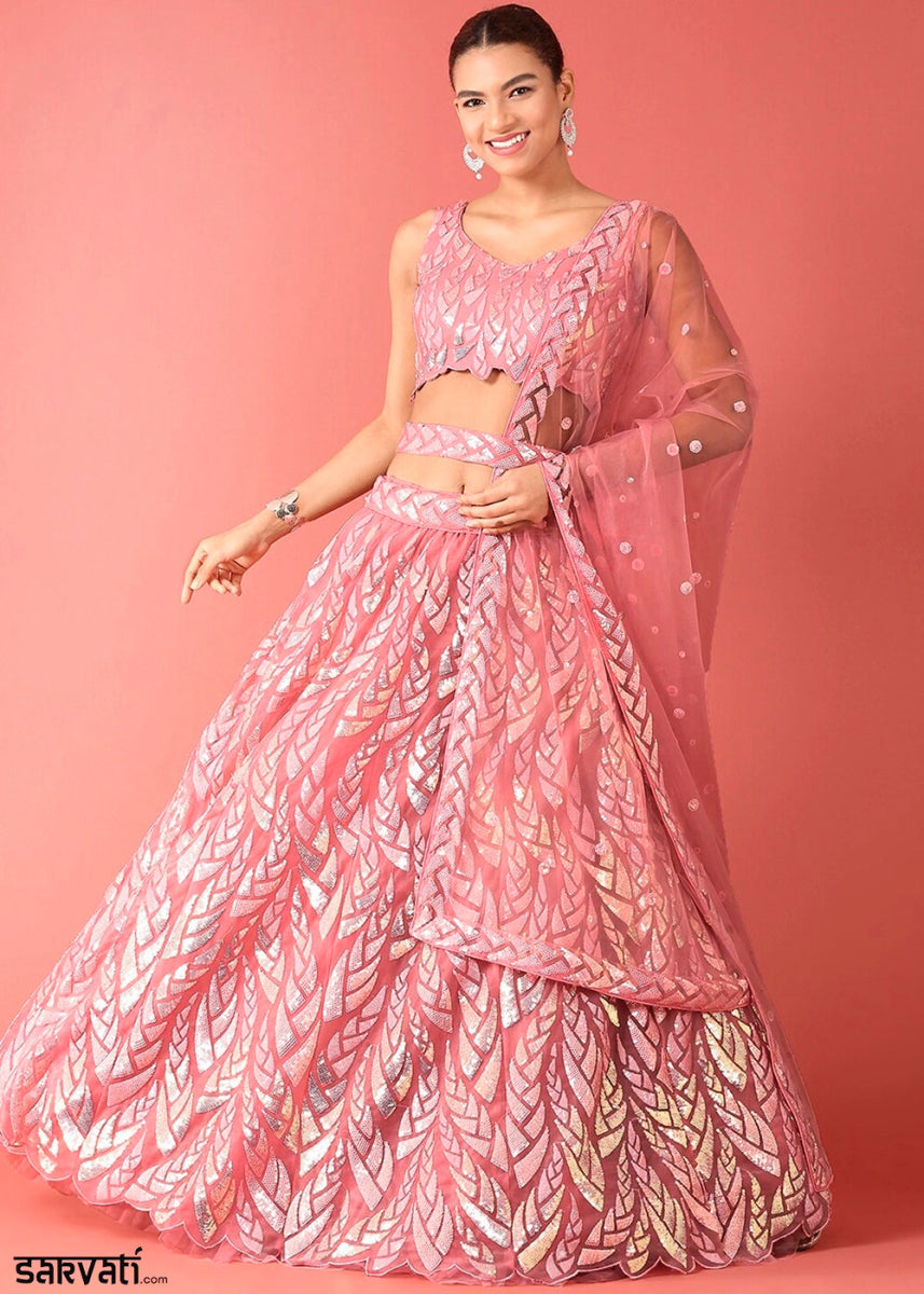 Rouge Pink Net Lehenga with All - Over Sequins – Glam Look for Bridesmaids - House of Sarvati LLC