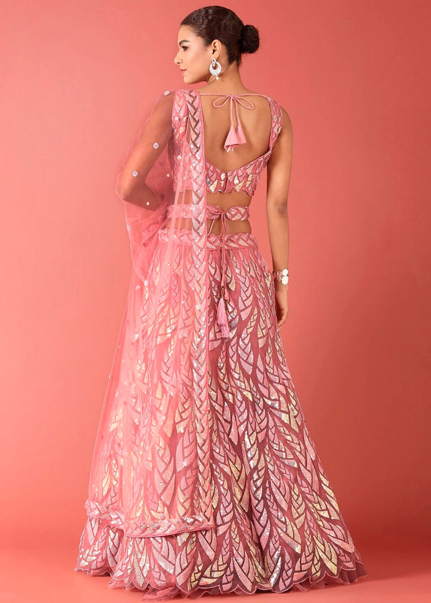 Rouge Pink Net Lehenga with All - Over Sequins – Glam Look for Bridesmaids - House of Sarvati LLC