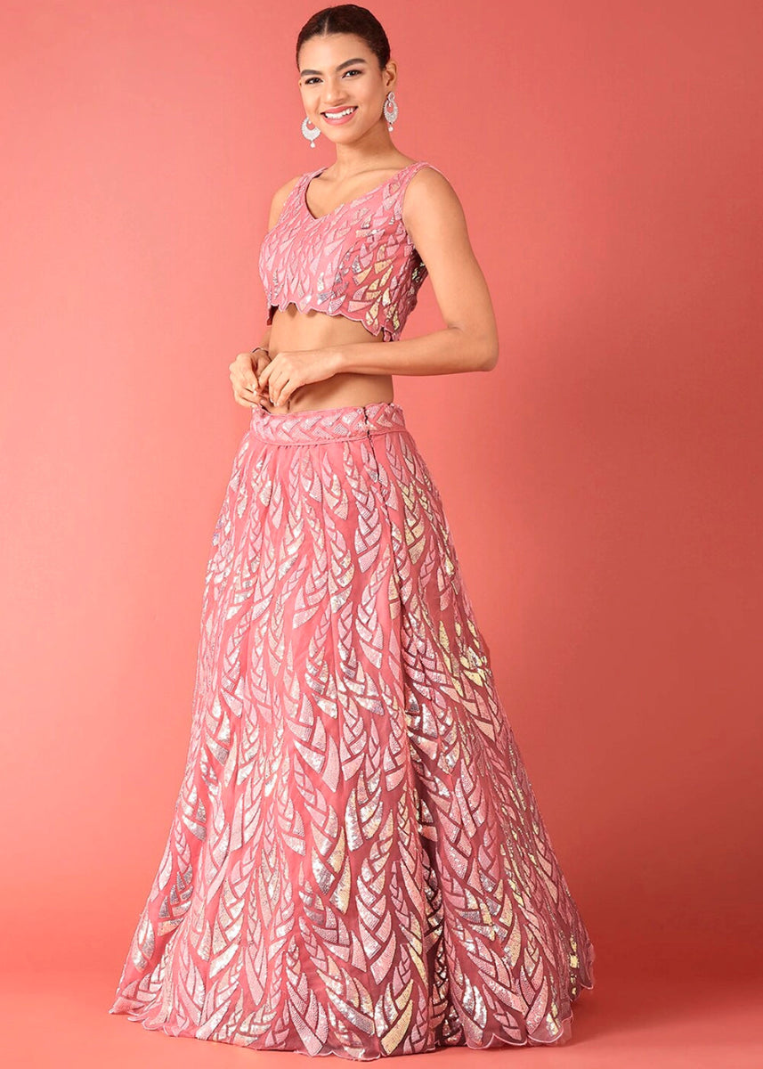 Rouge Pink Net Lehenga with All - Over Sequins – Glam Look for Bridesmaids - House of Sarvati LLC
