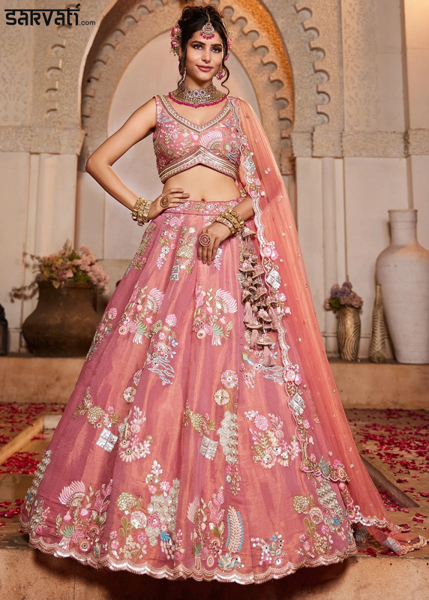 Rouge Pink Net Lehenga with Ornate Beads & Stone Handwork - House of Sarvati LLC