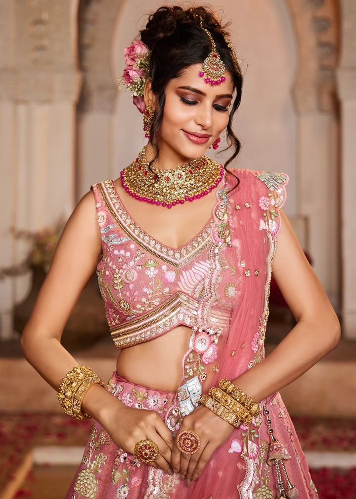 Rouge Pink Net Lehenga with Ornate Beads & Stone Handwork - House of Sarvati LLC
