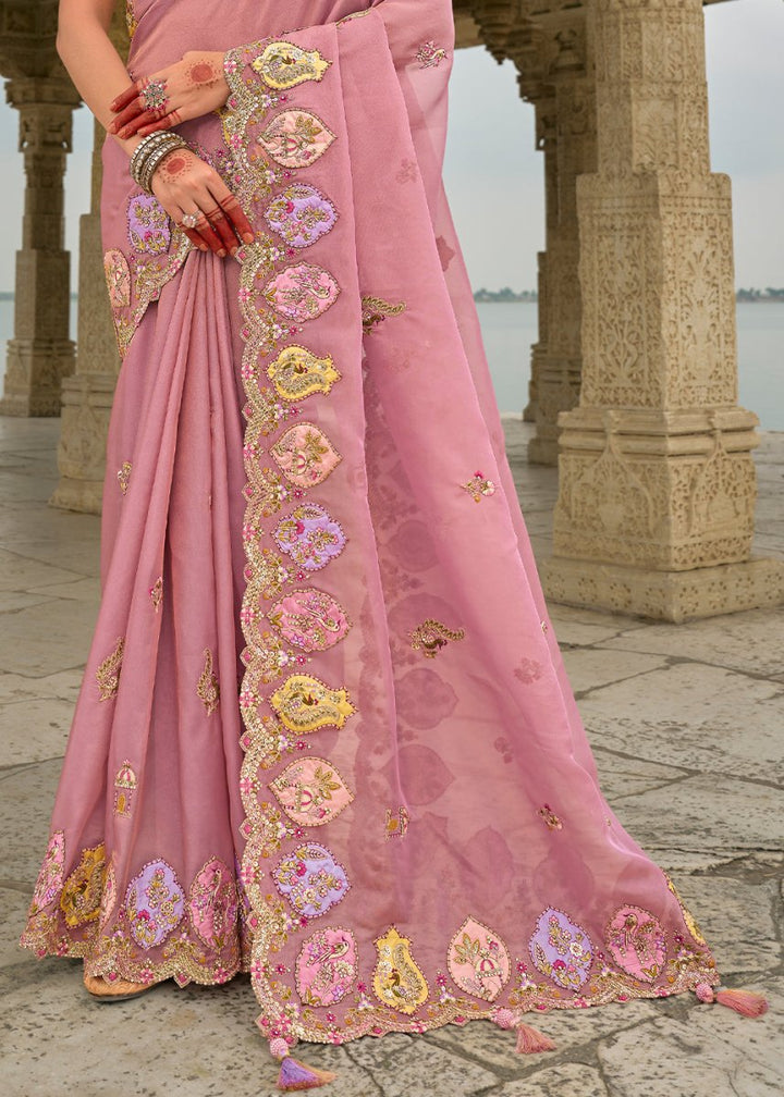 Rouge Pink Viscose Silk Saree with Intricate Cutwork & Embroidery - House of Sarvati LLC
