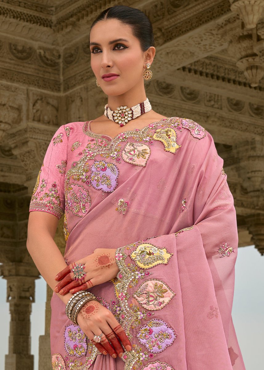 Rouge Pink Viscose Silk Saree with Intricate Cutwork & Embroidery - House of Sarvati LLC