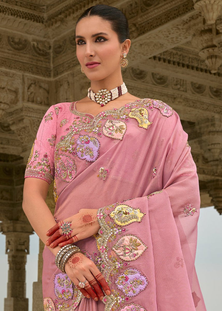 Rouge Pink Viscose Silk Saree with Intricate Cutwork & Embroidery - House of Sarvati LLC