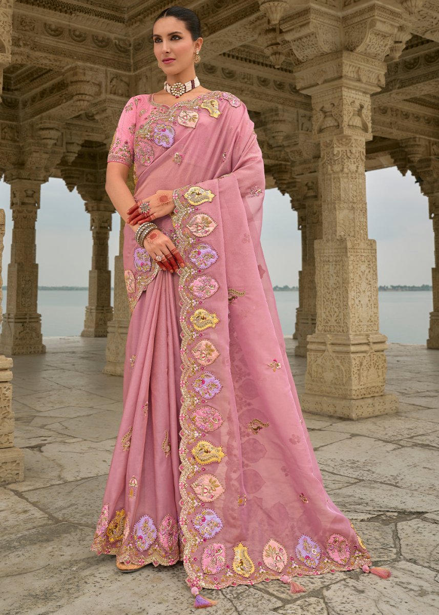 Rouge Pink Viscose Silk Saree with Intricate Cutwork & Embroidery - House of Sarvati LLC