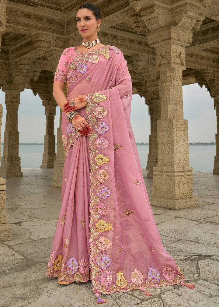 Rouge Pink Viscose Silk Saree with Intricate Cutwork & Embroidery - House of Sarvati LLC