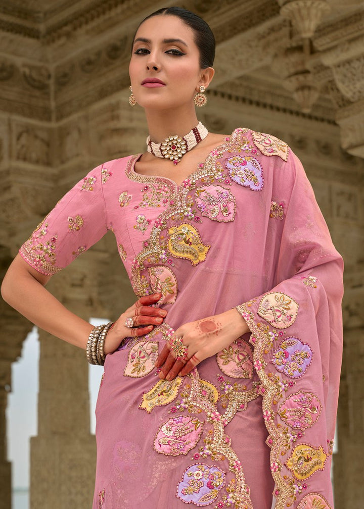 Rouge Pink Viscose Silk Saree with Intricate Cutwork & Embroidery - House of Sarvati LLC