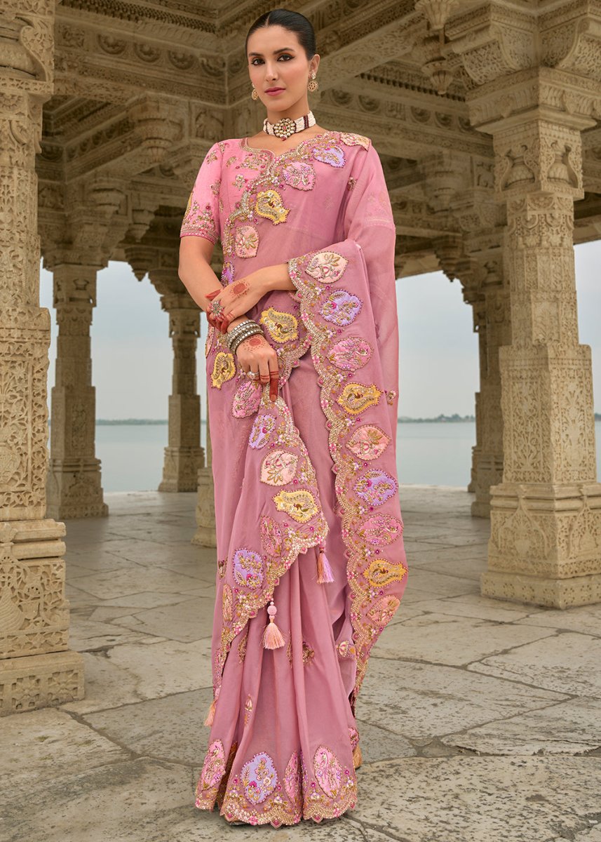 Rouge Pink Viscose Silk Saree with Intricate Cutwork & Embroidery - House of Sarvati LLC