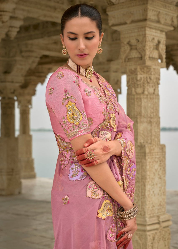 Rouge Pink Viscose Silk Saree with Intricate Cutwork & Embroidery - House of Sarvati LLC