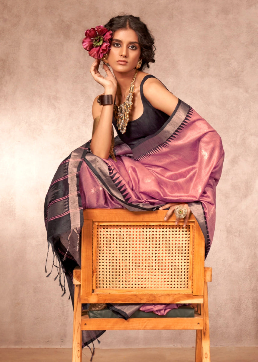 Rouge Purple Bhagalpuri Silk Saree with Handcrafted Gadwal Border - House of Sarvati LLC