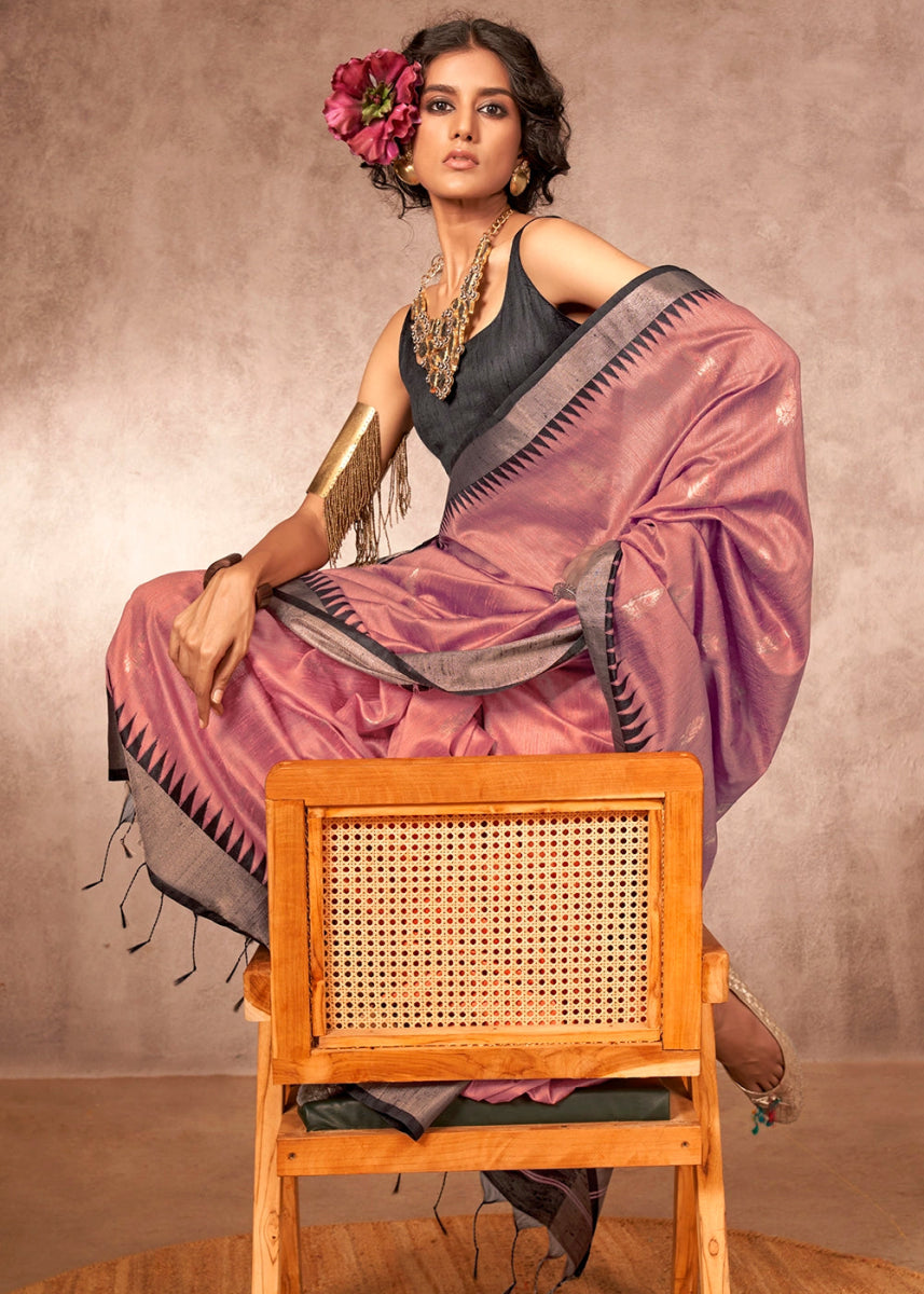 Rouge Purple Bhagalpuri Silk Saree with Handcrafted Gadwal Border - House of Sarvati LLC