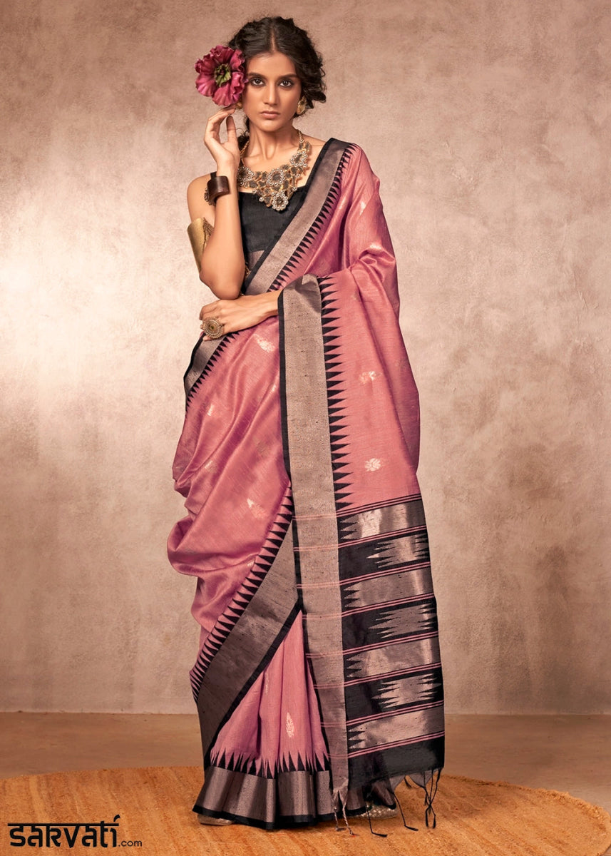 Rouge Purple Bhagalpuri Silk Saree with Handcrafted Gadwal Border - House of Sarvati LLC