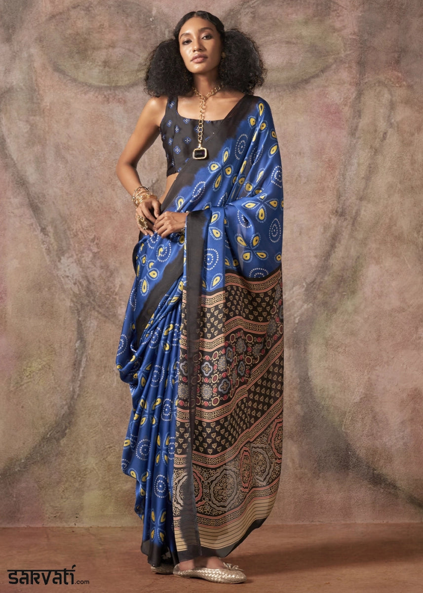 Royal Blue Printed Satin Georgette Saree with Ajrakh & Bandhani Patterns - House of Sarvati LLC