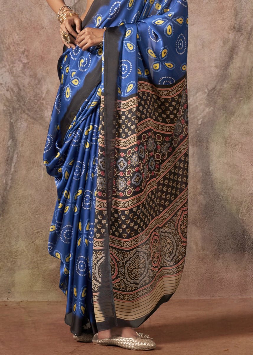 Royal Blue Printed Satin Georgette Saree with Ajrakh & Bandhani Patterns - House of Sarvati LLC