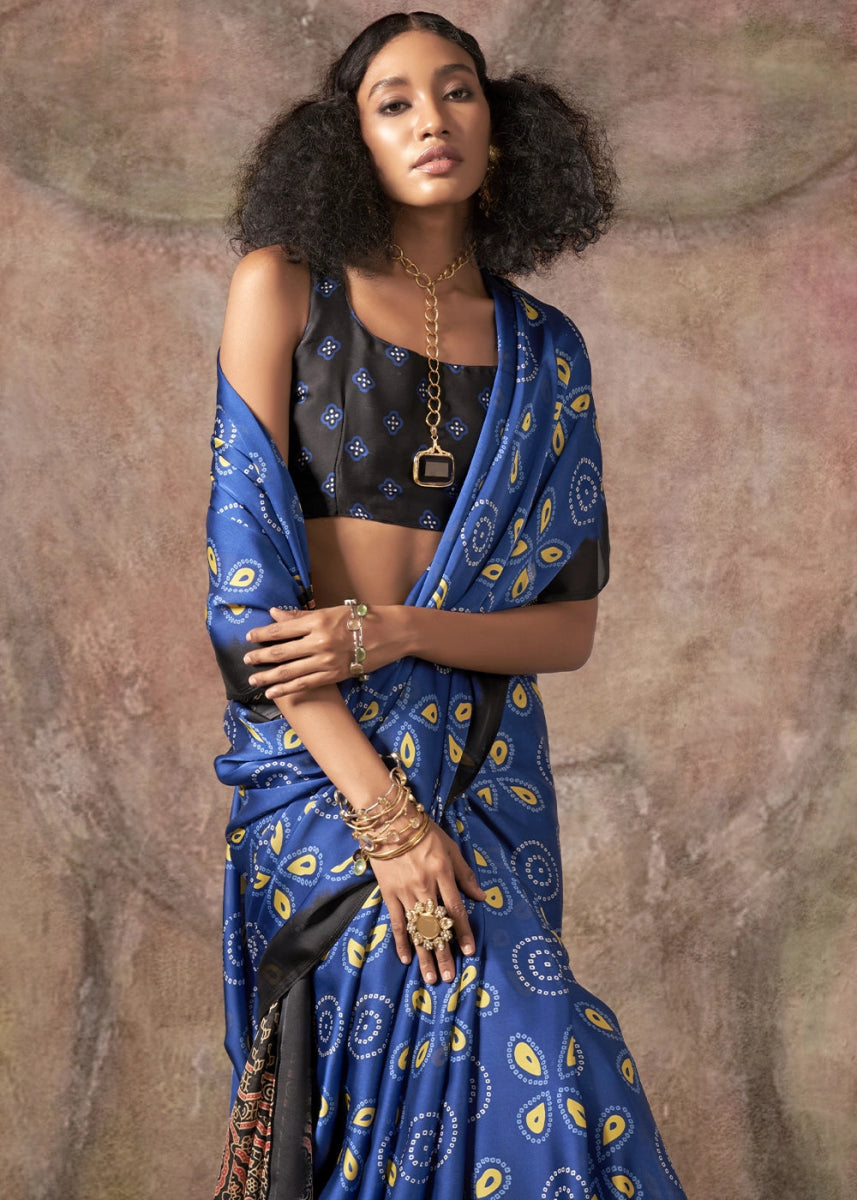 Royal Blue Printed Satin Georgette Saree with Ajrakh & Bandhani Patterns - House of Sarvati LLC