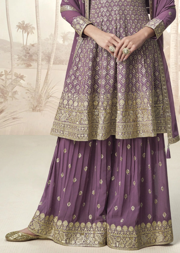 Royal Purple Georgette Palazzo Suit for Women with Embroidery Work - House of Sarvati LLC