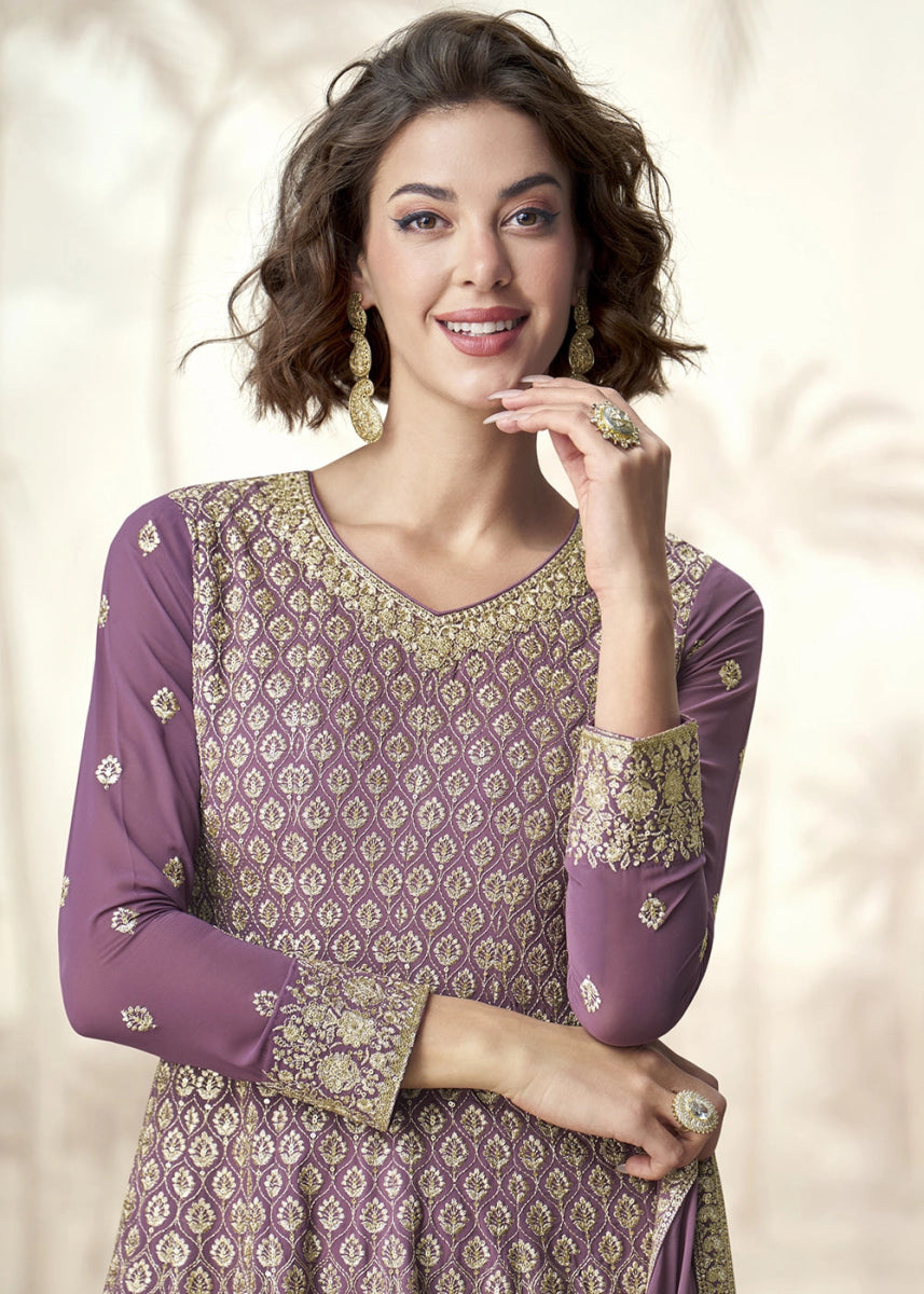 Royal Purple Georgette Palazzo Suit for Women with Embroidery Work - House of Sarvati LLC