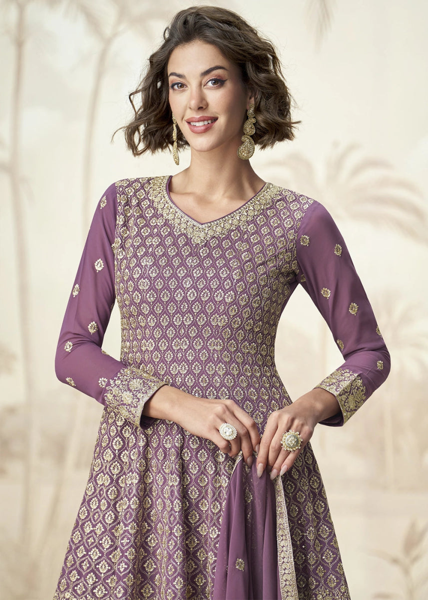 Royal Purple Georgette Palazzo Suit for Women with Embroidery Work - House of Sarvati LLC