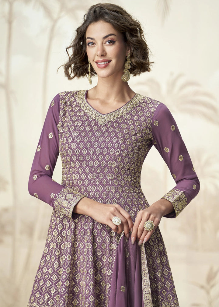 Royal Purple Georgette Palazzo Suit for Women with Embroidery Work - House of Sarvati LLC