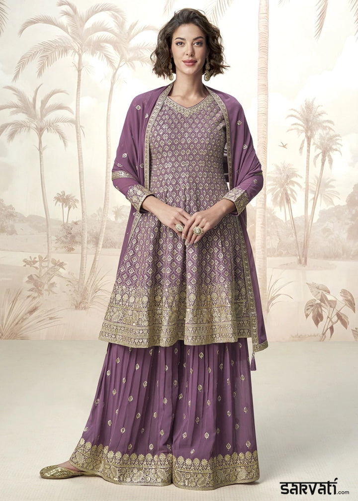 Royal Purple Georgette Palazzo Suit for Women with Embroidery Work - House of Sarvati LLC