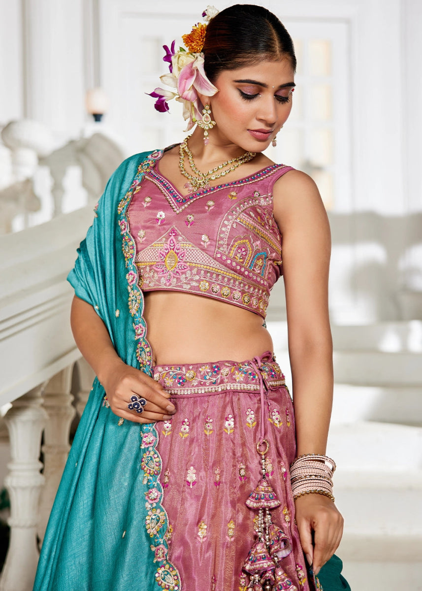 Royal Purple Pink Tissue Lehenga Choli with Sequins and Floral Embroidery - House of Sarvati LLC