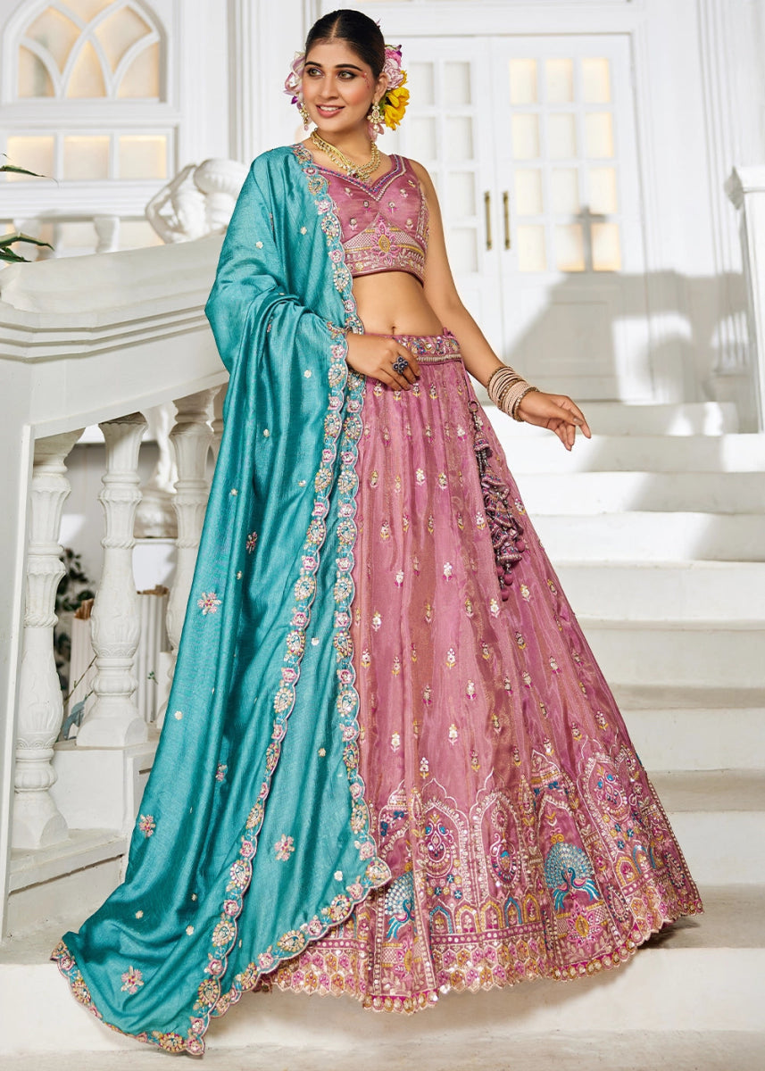 Royal Purple Pink Tissue Lehenga Choli with Sequins and Floral Embroidery - House of Sarvati LLC
