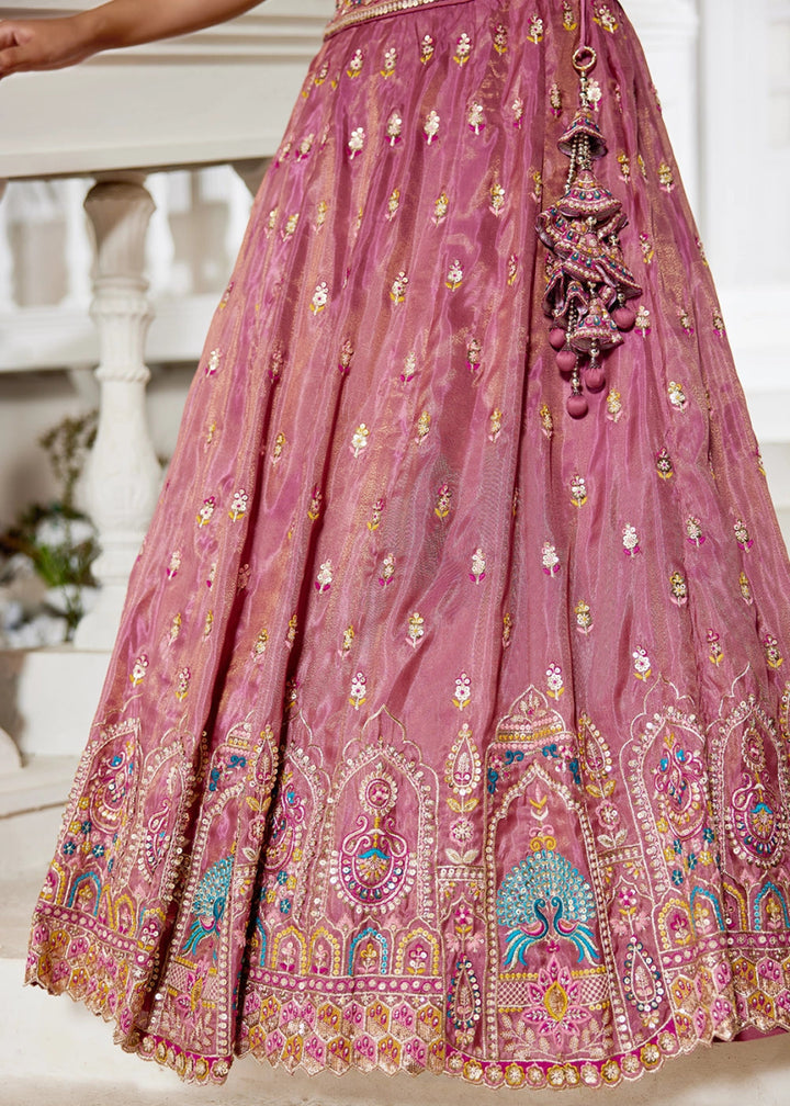 Royal Purple Pink Tissue Lehenga Choli with Sequins and Floral Embroidery - House of Sarvati LLC