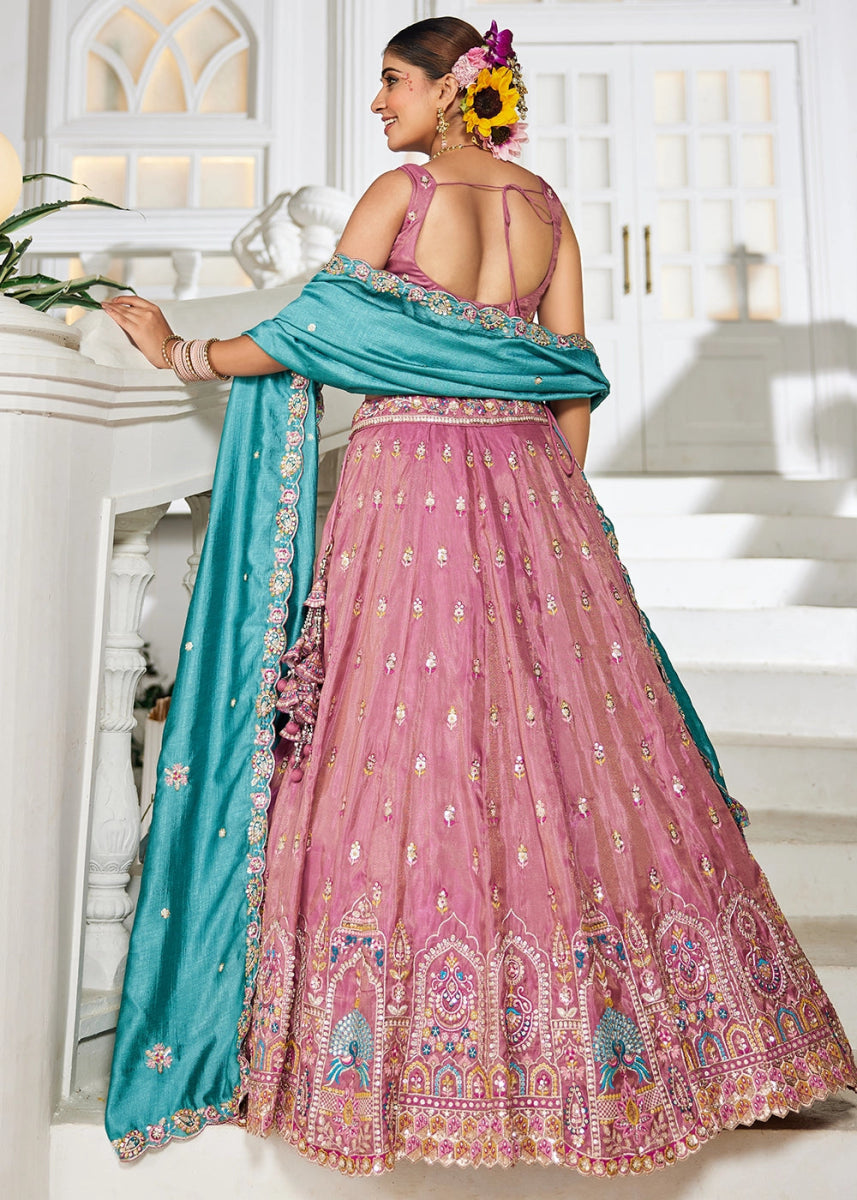 Royal Purple Pink Tissue Lehenga Choli with Sequins and Floral Embroidery - House of Sarvati LLC
