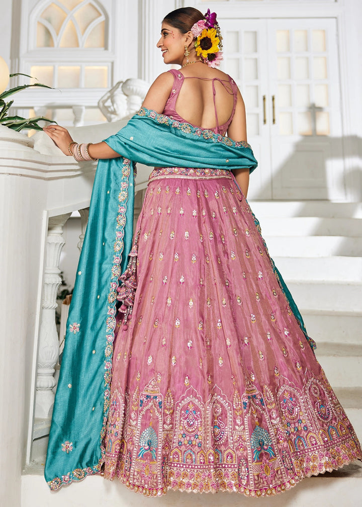 Royal Purple Pink Tissue Lehenga Choli with Sequins and Floral Embroidery - House of Sarvati LLC