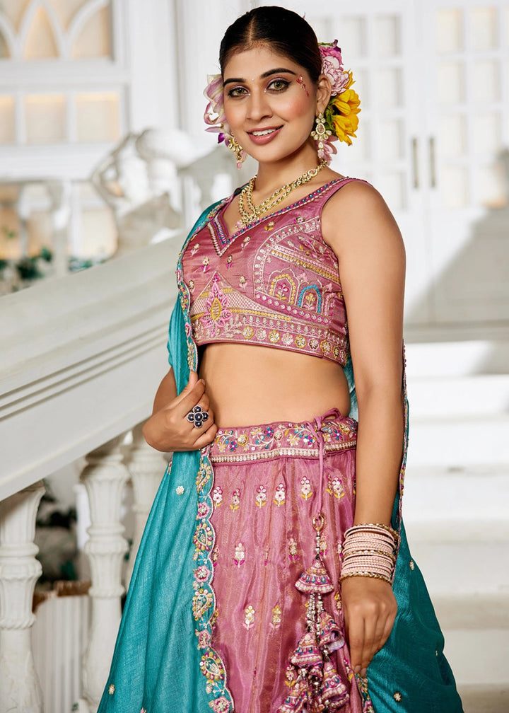 Royal Purple Pink Tissue Lehenga Choli with Sequins and Floral Embroidery - House of Sarvati LLC