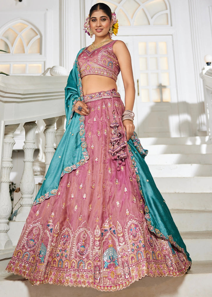 Royal Purple Pink Tissue Lehenga Choli with Sequins and Floral Embroidery - House of Sarvati LLC
