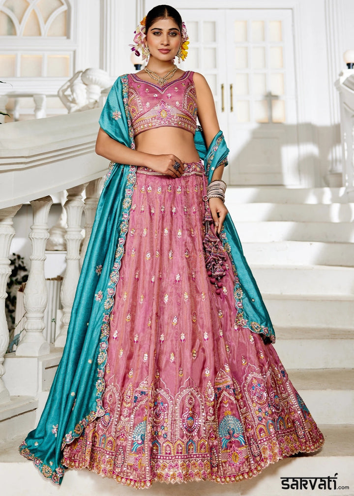 Royal Purple Pink Tissue Lehenga Choli with Sequins and Floral Embroidery - House of Sarvati LLC