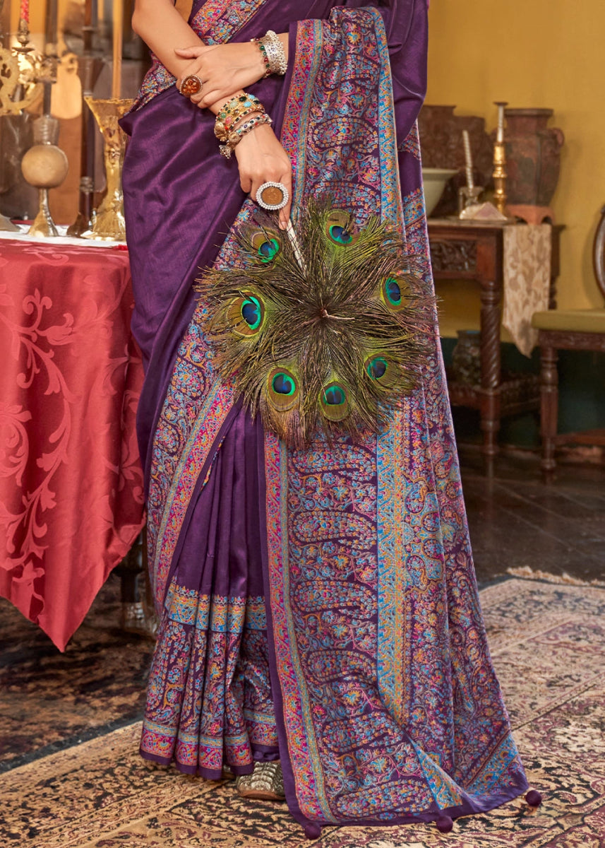 Royal Purple Silk Saree Featuring Exquisite Kashmiri Paisley Artwork - House of Sarvati LLC