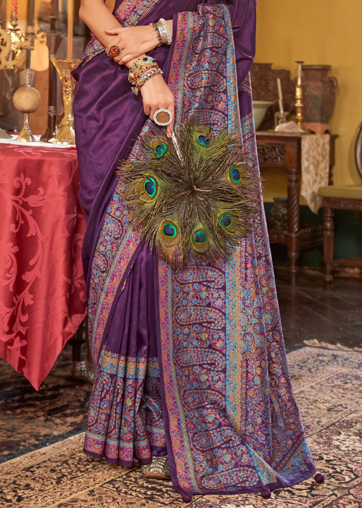 Royal Purple Silk Saree Featuring Exquisite Kashmiri Paisley Artwork - House of Sarvati LLC