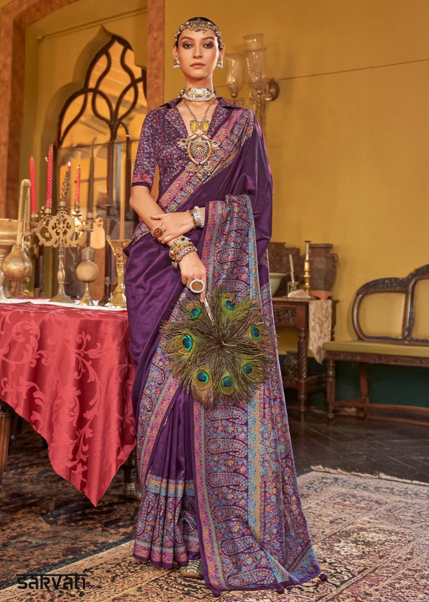 Royal Purple Silk Saree Featuring Exquisite Kashmiri Paisley Artwork - House of Sarvati LLC