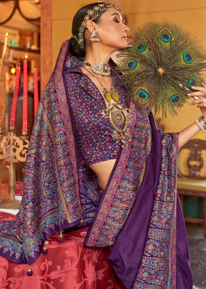 Royal Purple Silk Saree Featuring Exquisite Kashmiri Paisley Artwork - House of Sarvati LLC